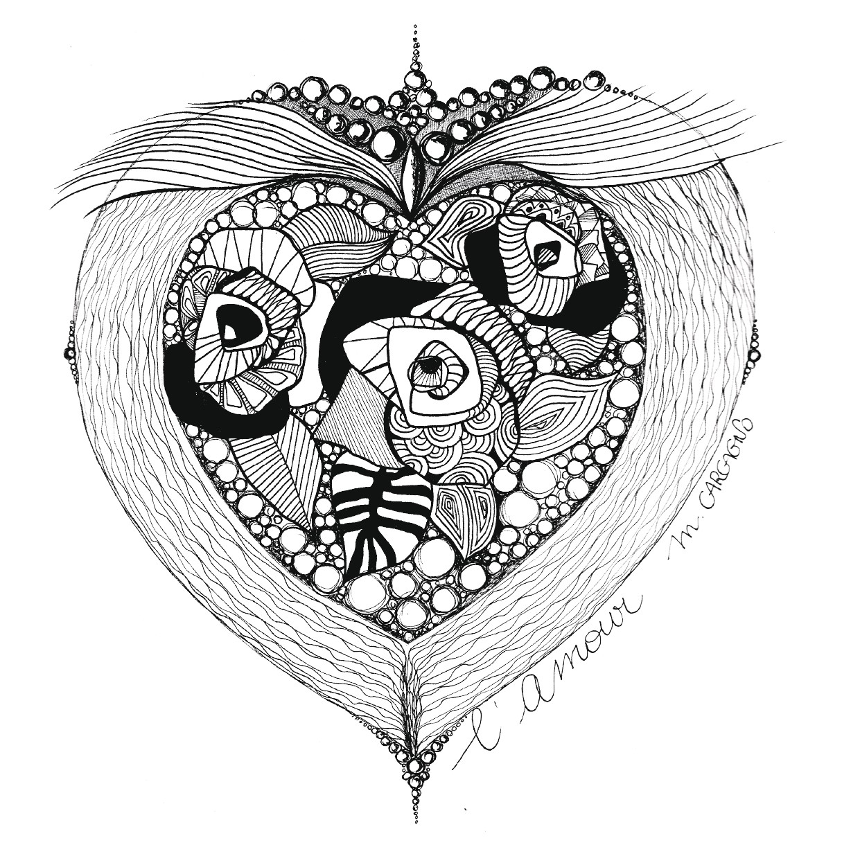 dessin noir et blanc coeur d'amour