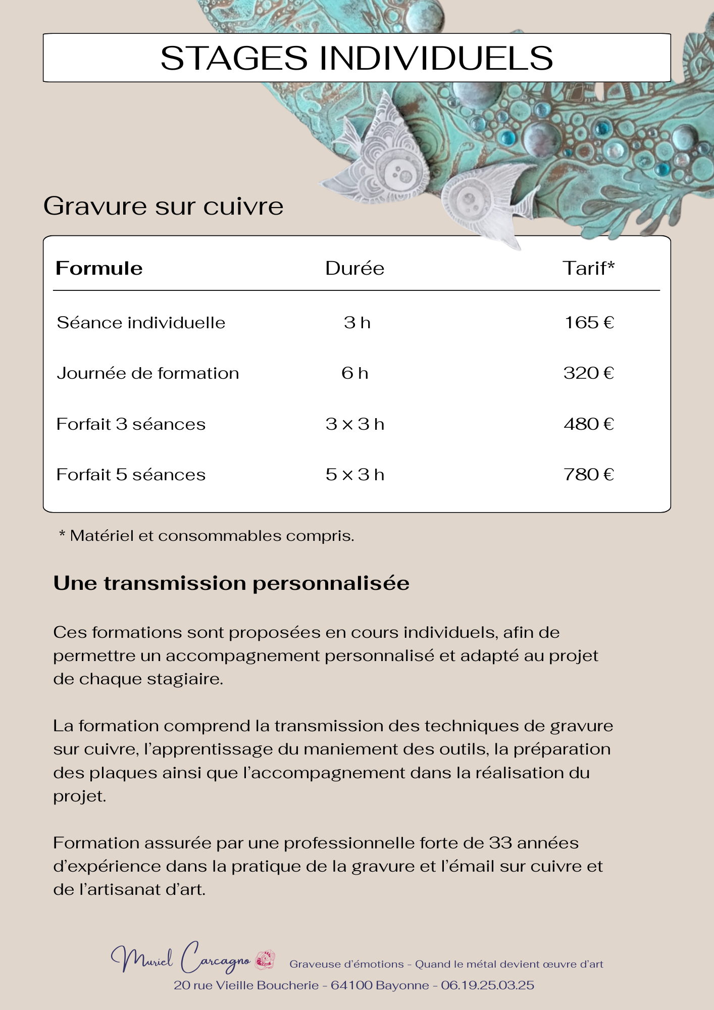 Stages individuels – Gravure et émail sur cuivre Stages individuels de gravure et d’émaillage sur cuivre à Bayonne au Pays Basque