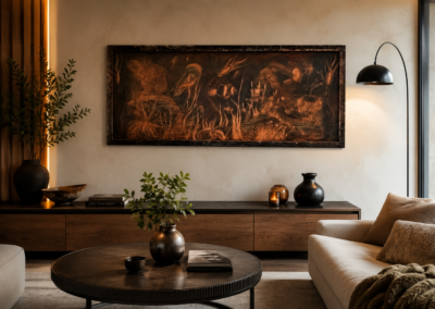 Tableau grand format de 2 mètres en cuivre gravé et patiné chocolat dégradé, œuvre murale réalisée par Muriel Carcagno.
